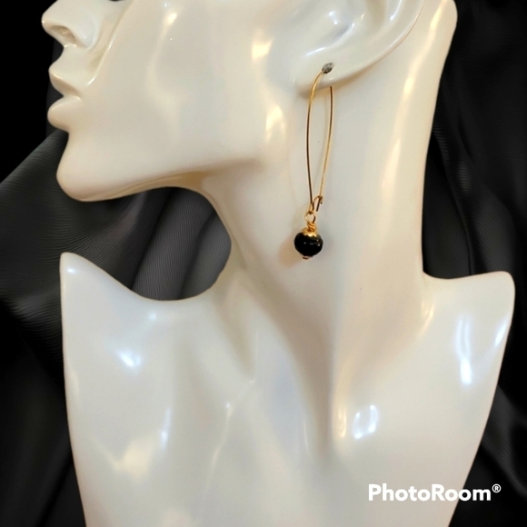 3/$30 Long Goldtone Black Paper Bead Hoop Earrings - Picture 1 of 3